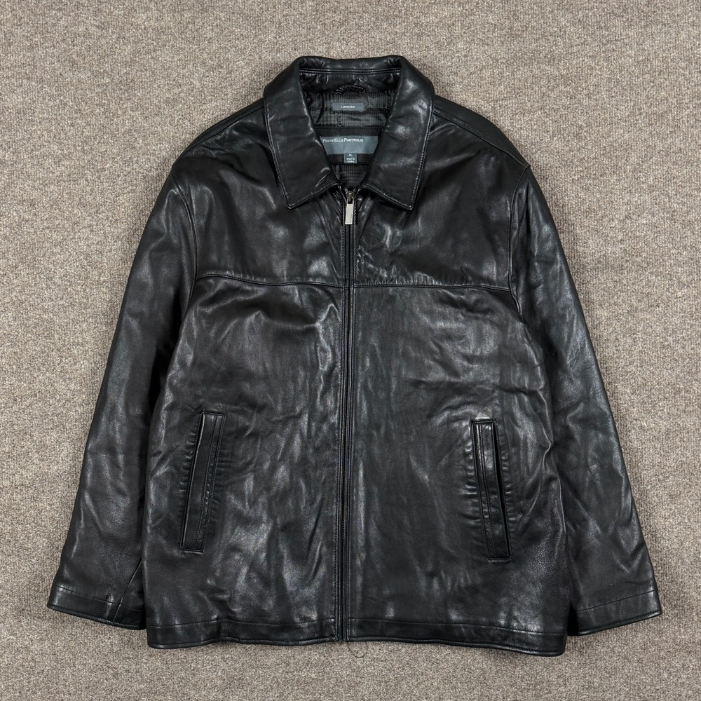 VTG Perry Ellis Black Soft Lambskin Leather Full Zip Jacket Men’s XL Quilt Lined